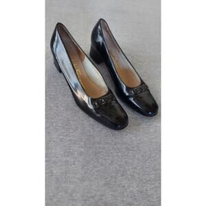 Salvatore Ferragamo Vtg Black Patent Leather Women Pump Heels Block Sz 8 AAA